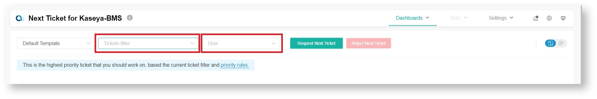 NextTicket Kaseya BMS Ticket_User filters