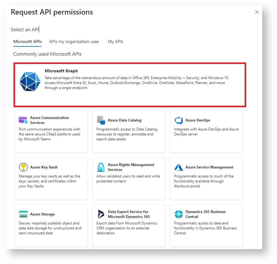 request API permissions - select Microsoft Graphs